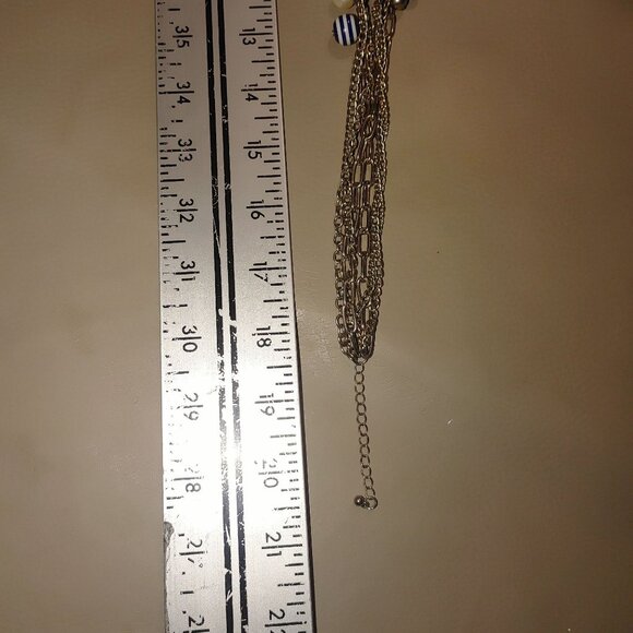 Large Gold Tone Nautical Paperclip Blue White Necklace Anchors Pearls Blue Beads - Picture 2 of 10